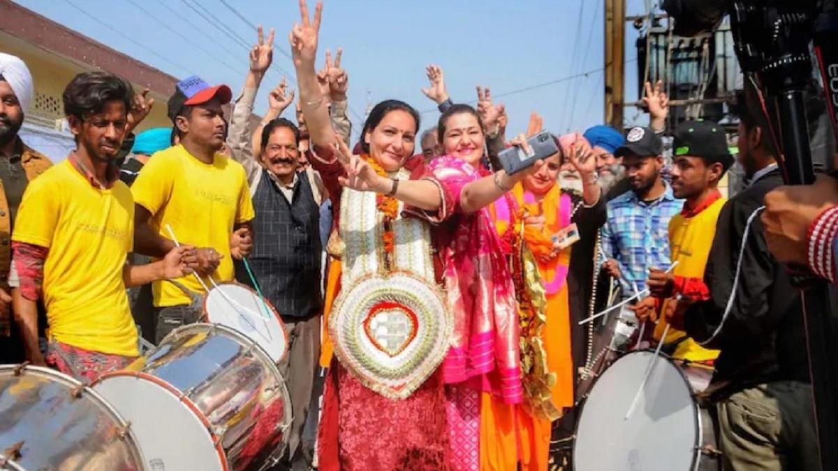 Congress Baljinder Kaur Rinki celebrates her win. PTI image