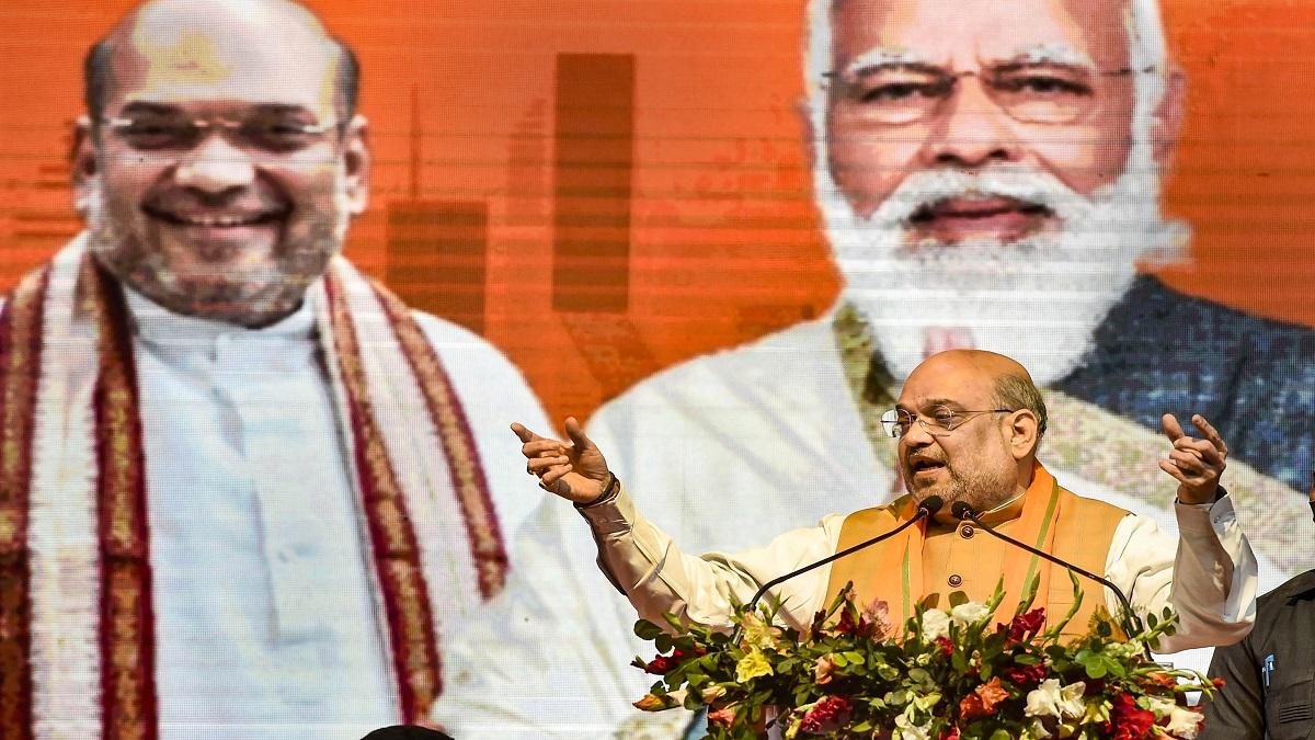 Amit Shah lunching the BJP manifesto Bengal Election 2021 