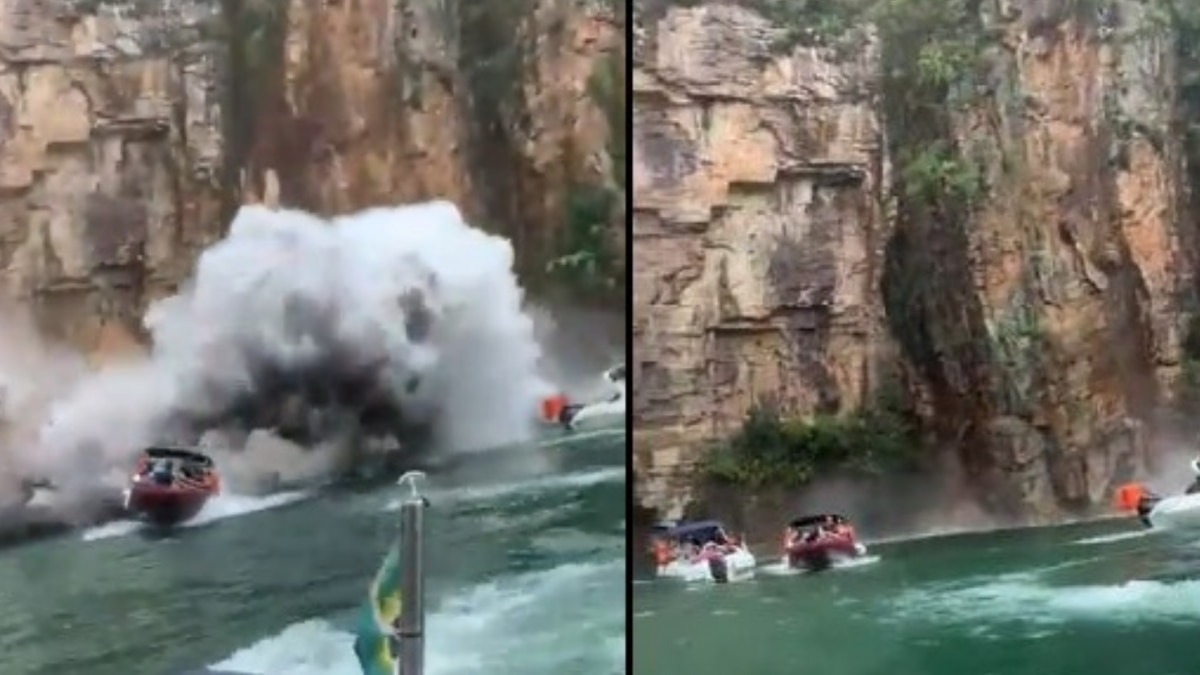 Viral Video of Brazil: झील में लुत्फ ले रहे थे सैलानी, अचानक नाव पर आ गिरी चट्टान