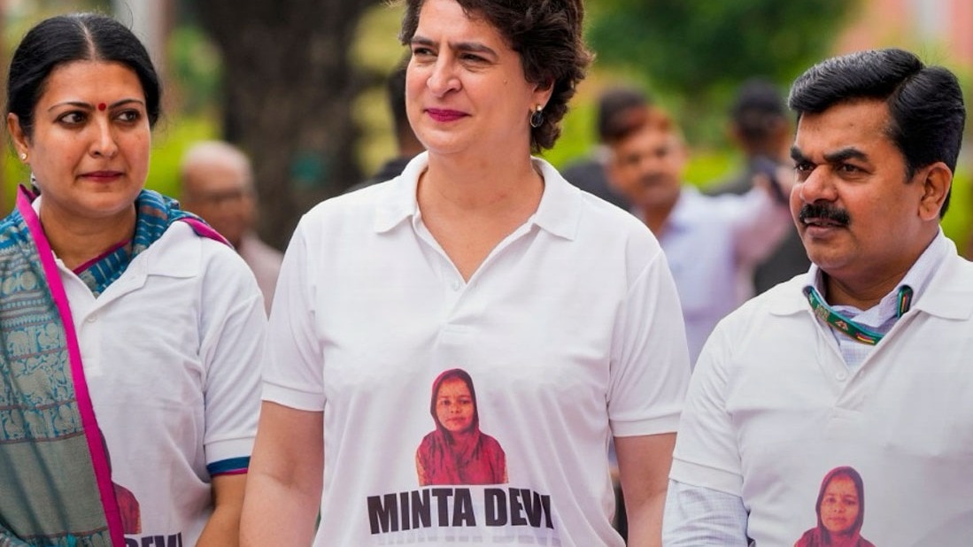 Congress MP Priyanka Gandhi Vadra and other INDIA bloc members seen wearing T-shirts featuring the name Minta Devi