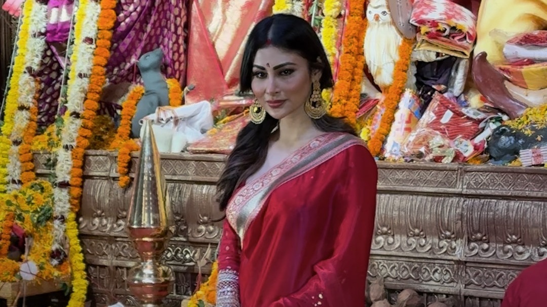 लाल साड़ी में देसी लुक, दुर्गा पूजा में Mouni Roy का ट्रेडिशनल अंदाज