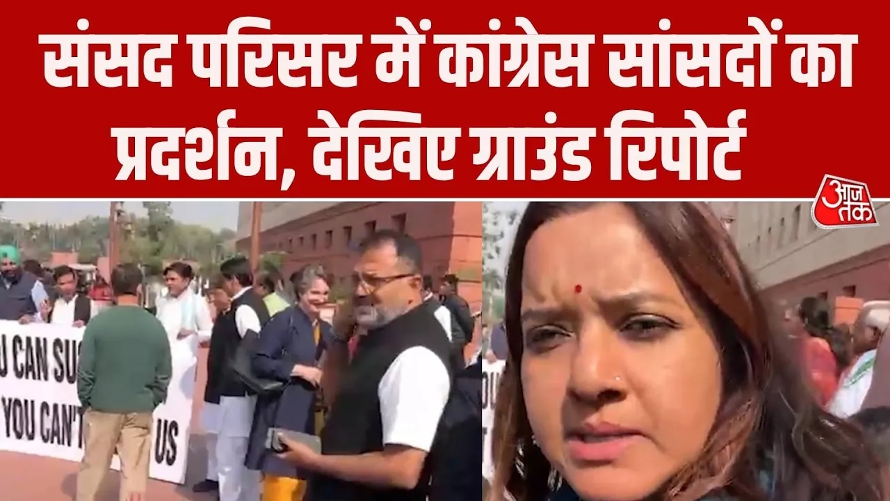 Congress MPs protest in parliament premises Rahul Gandhi also participates