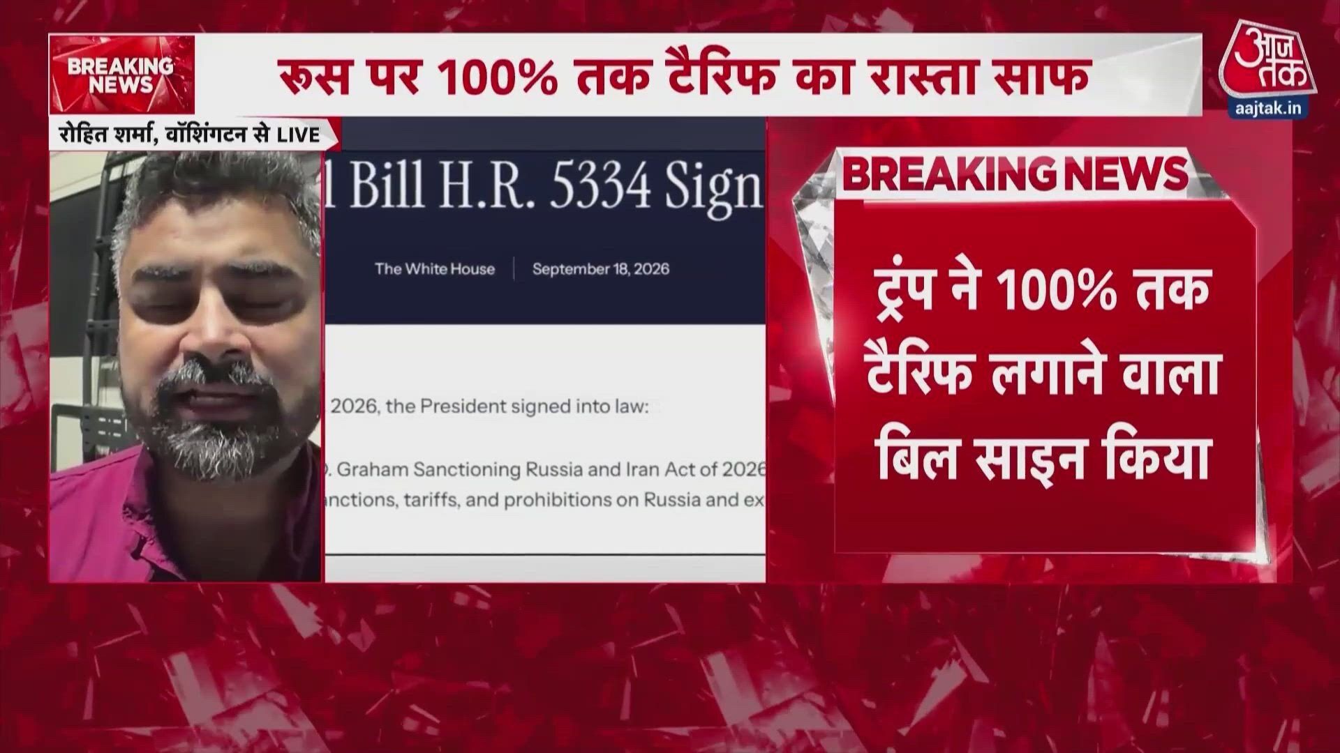 Trump signs bill enabling 100 percent tariff on Russian oil buyers.