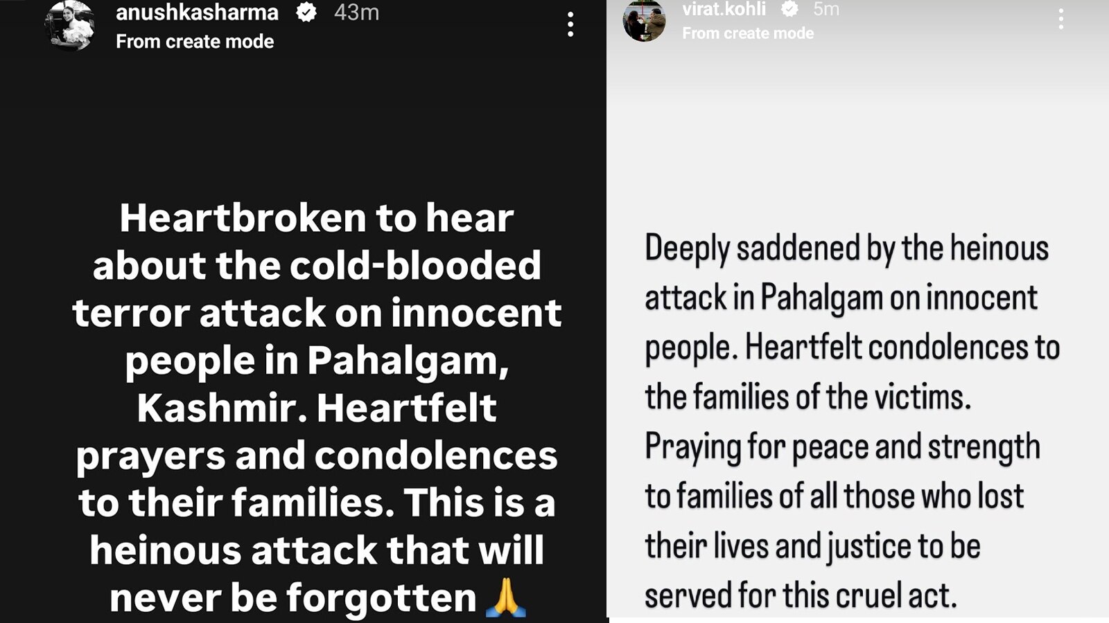 Kohli anushka Post On Pahalgam attack: