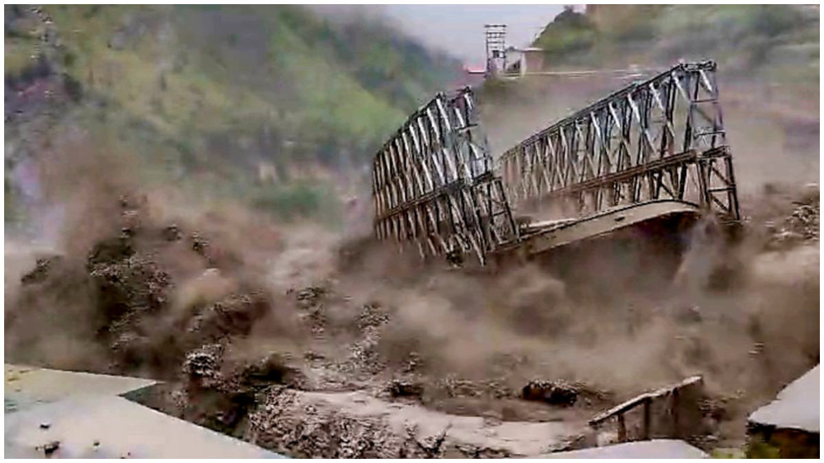 A Bailey bridge was washed away in a flash flood following a cloudburst in Chamoli, Uttarakhand A Bailey bridge was washed away in a flash flood following a cloudburst in Chamoli, Uttarakhand