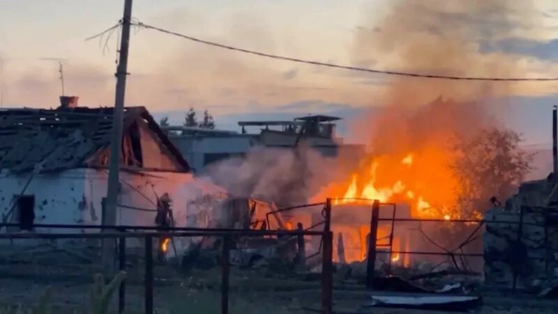 A burning house in the town of Sudzha, Kursk region