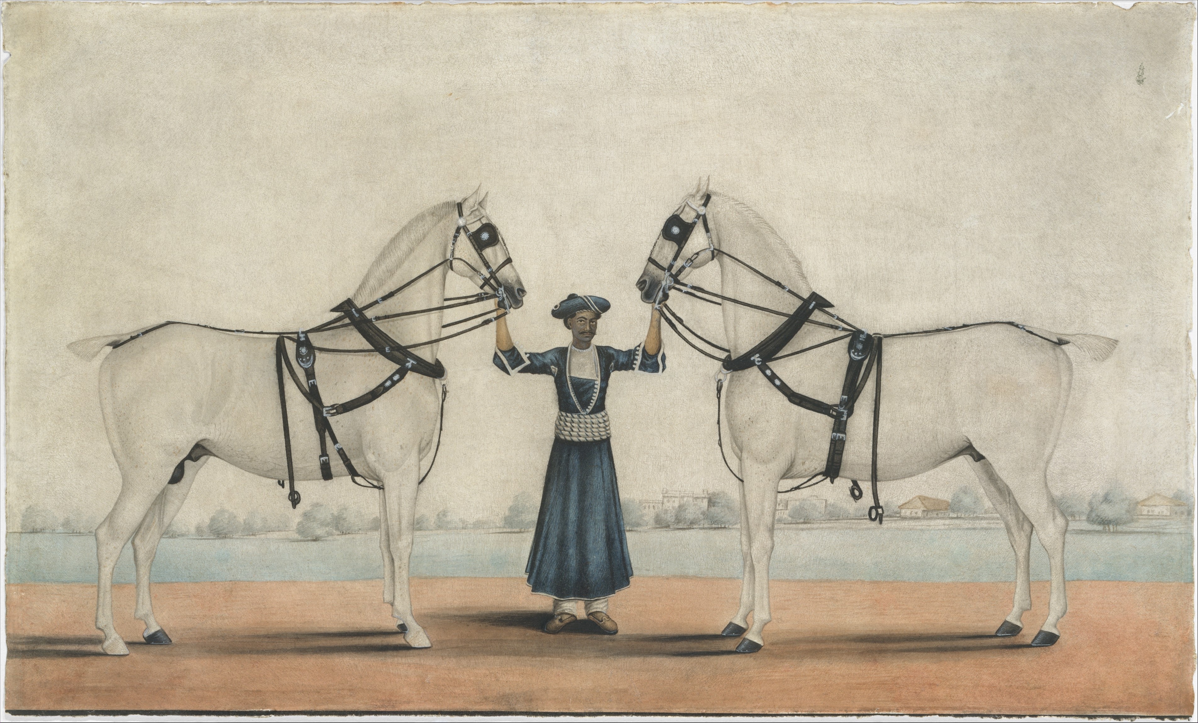 मुर्शिदाबाद कंपनी पेंटिंग का एक नमूना, घोड़ों को नियंत्रित करता घुड़सवार