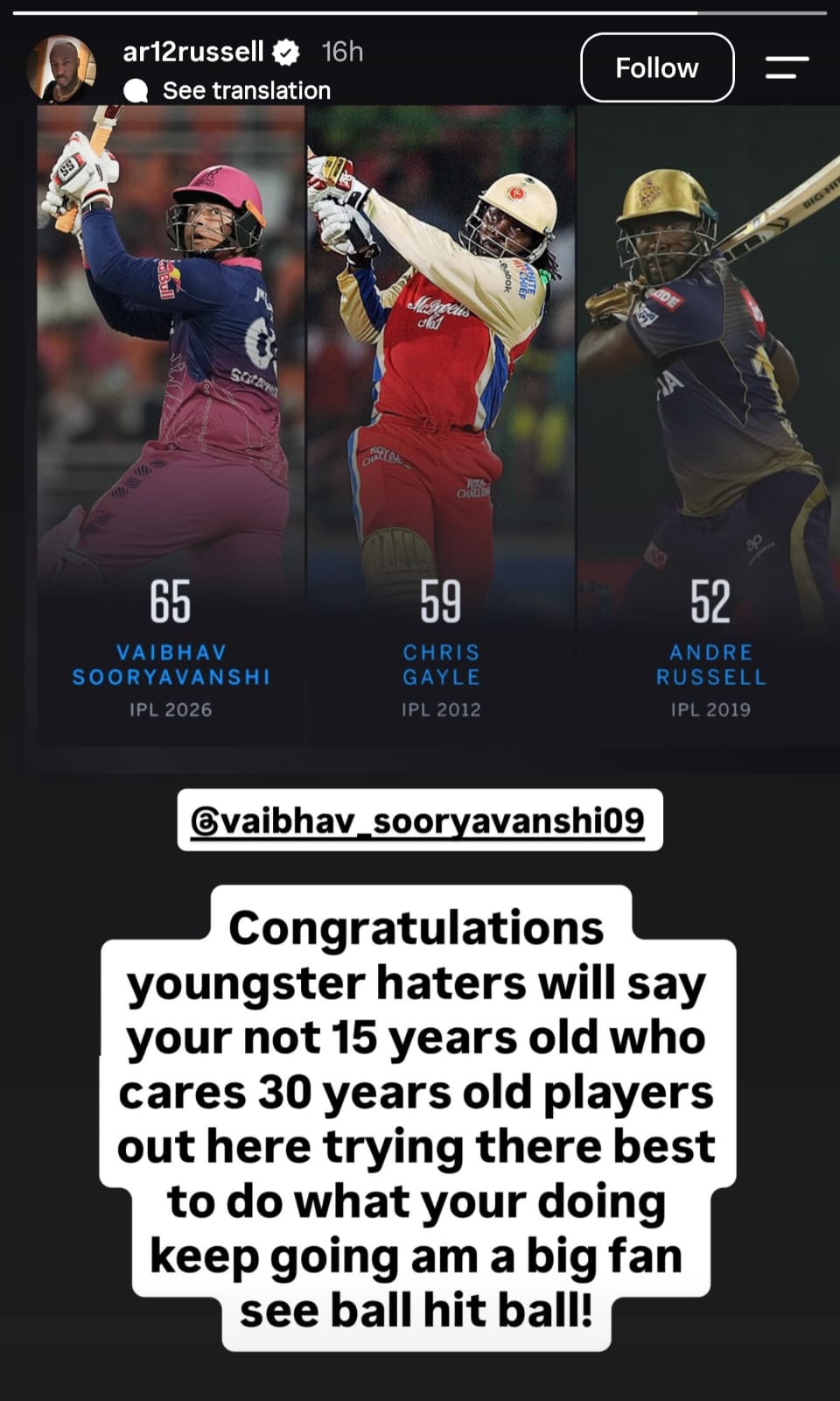 आंद्रे रसेल ने वैभव सूर्यवंशी को दी खास नसीहत आंद्रे रसेल ने इंस्टाग्राम पर 15 साल के वैभव सूर्यवंशी के लिए खास स्टोरी लगाई