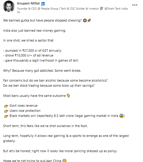 Anupam Mittal LinkdIn Post