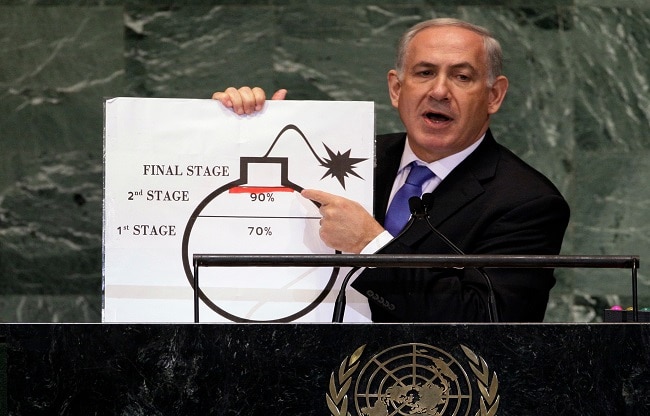 Benjamin Netanyahu showing iran's progress towards nuclear power photo AP Benjamin Netanyahu showing iran's progress towards nuclear power photo AP