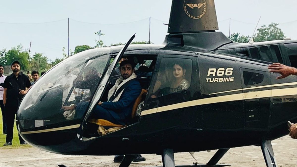 groom brings bride home in helicopter meerut wedding video viral
