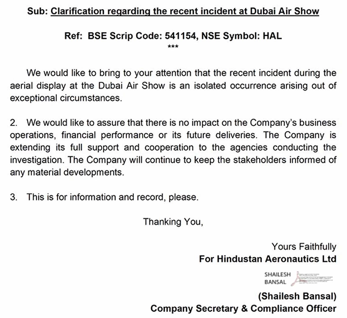 HAL Statement Dubai Tejas Crash