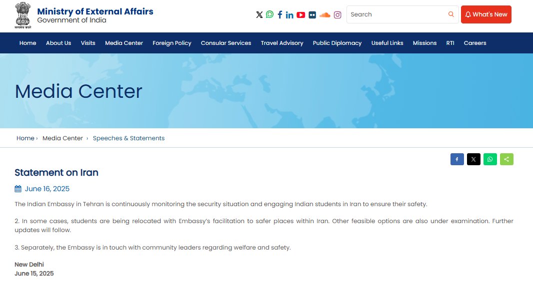 india statement on iran