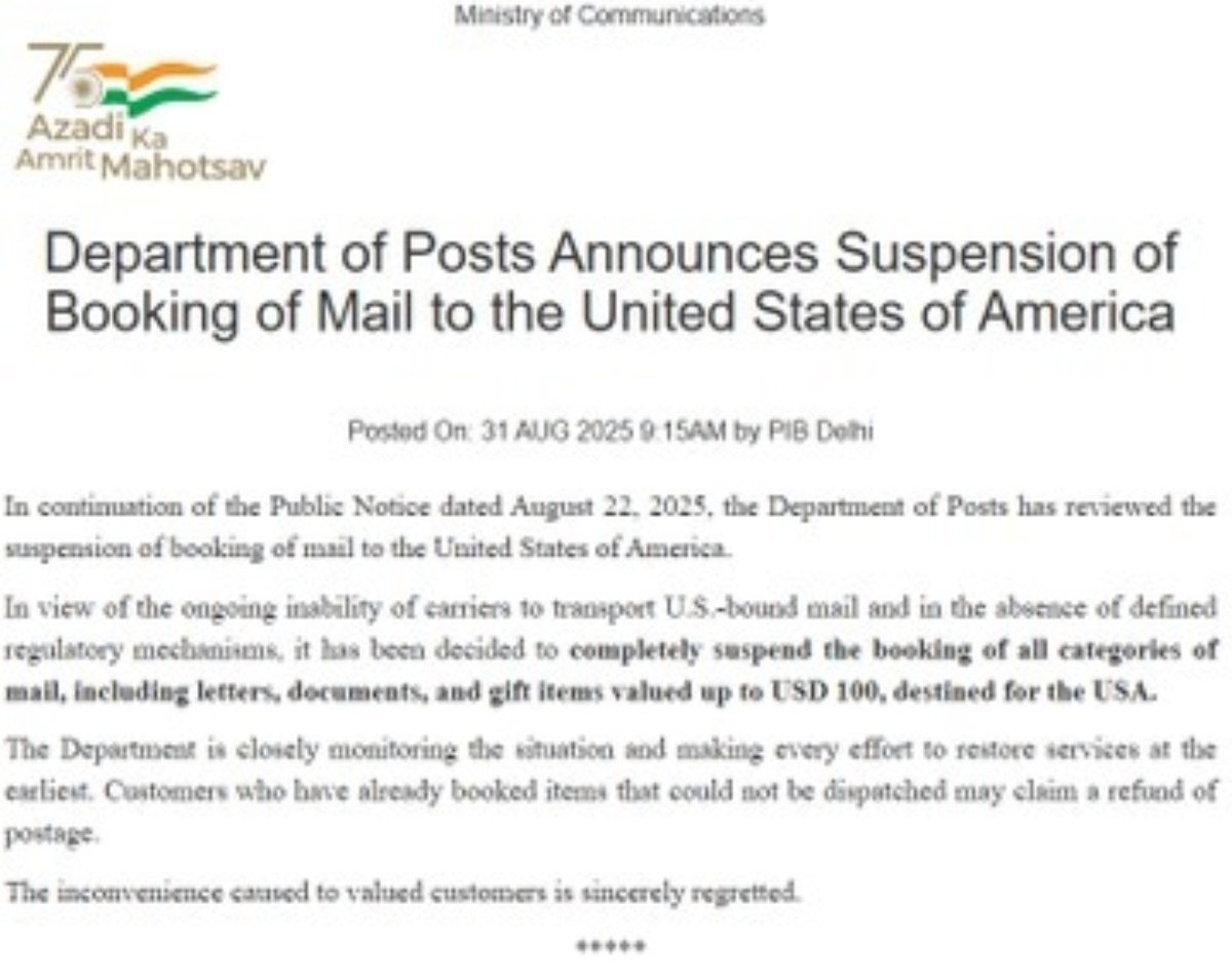 India Suspends Postal Services To US