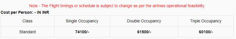 IRCTC Tour Package Price 