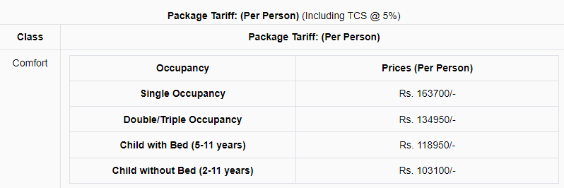 IRCTC Tour Package Price IRCTC Tour Package Price