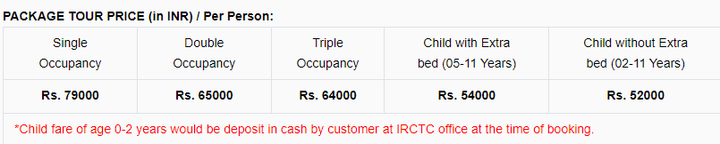 IRCTC Tour Package Price 