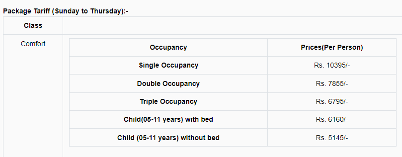 IRCTC Tour Package Price 