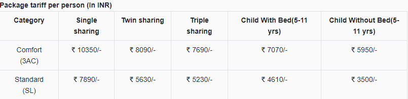 IRCTC Tour Package Price 
