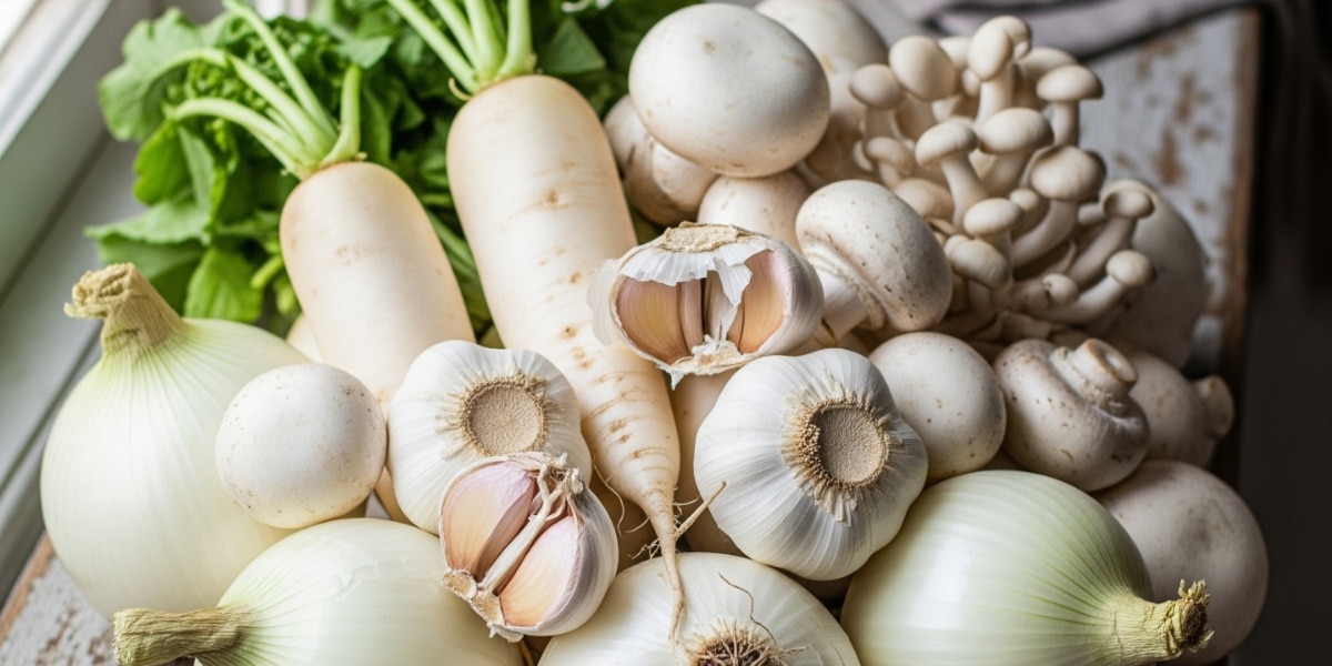 सफेद रंग की सब्जियां-फल(Photo: AI-generated)