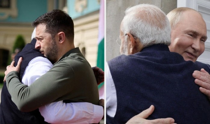 पीएम मोदी की झप्पी अब ग्लोबल दायरों से परे है. वो पुतिन और जेलेंस्की दोनों से एक तरह से मिलते हैं. (Photo- Reuters) Modi-Putin-Zelensky
