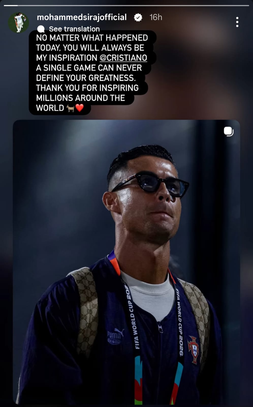 Mohammad Siraj Instagram Story for Ronaldo Mohammad Siraj Instagram Story for Ronaldo