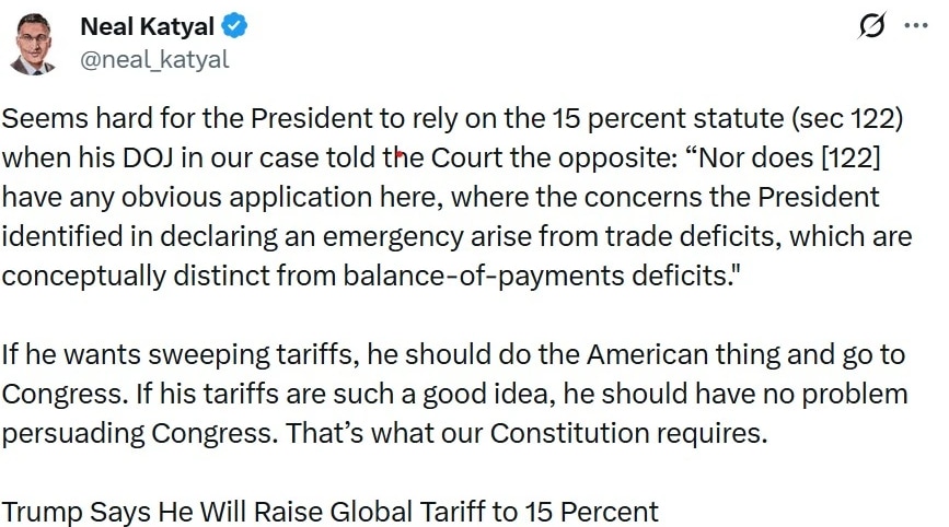 Neel Katyal Post On Trump 15% Tariff