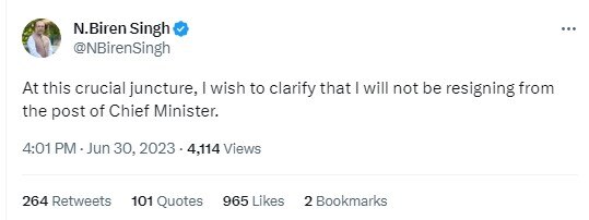 एन बीरेन सिंह ने किया ट्वीट
