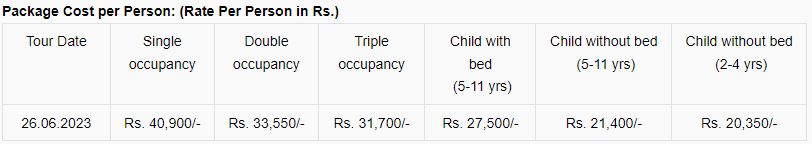 IRCTC Tour Package Price 