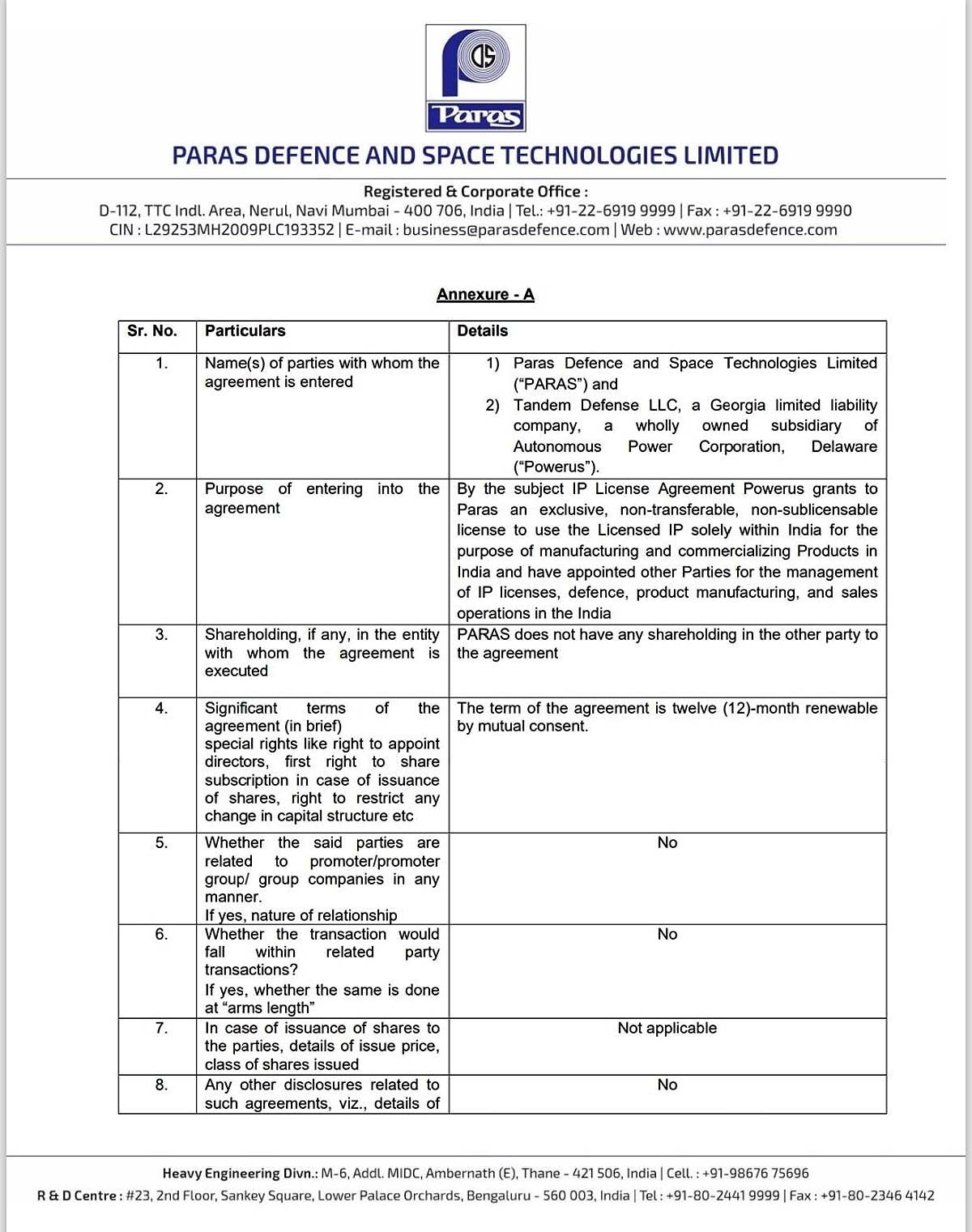 Paras Defence Powerus agreement Paras Defence Powerus agreement