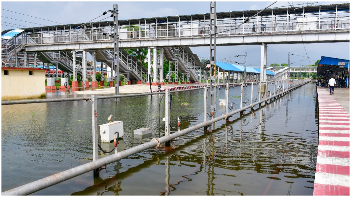 Railway tracks submerged at Rambagh railway station following heavy rain, in Prayagraj