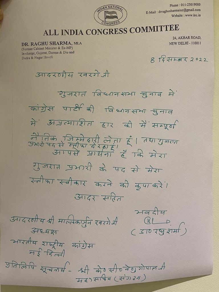 गुजरात के कांग्रेस प्रभारी ने चुनाव में हार के बाद दिया इस्तीफा