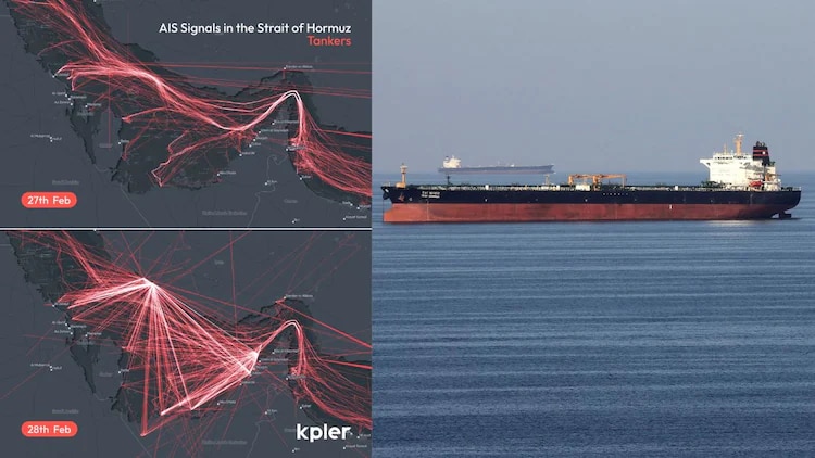 Kpler tracking maps show smooth ship routes on February 27 turning into chaotic pink lines by February 28 due to signal spoofing