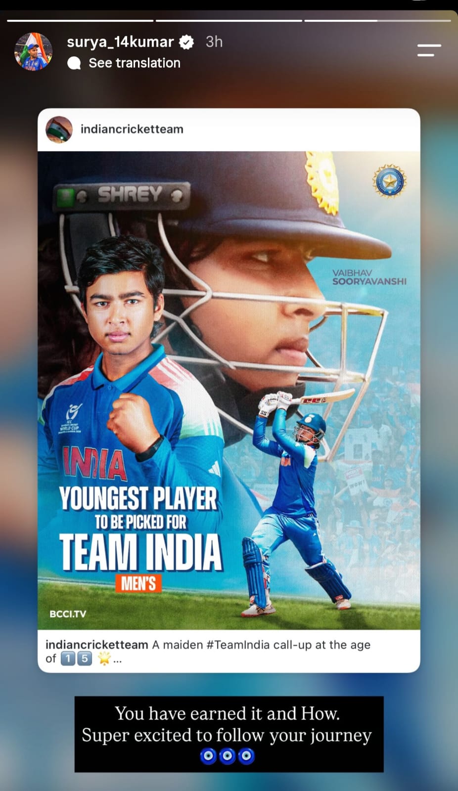 Suryakumar Yadav Instagram Story for Vaibhav Sooryavanshi