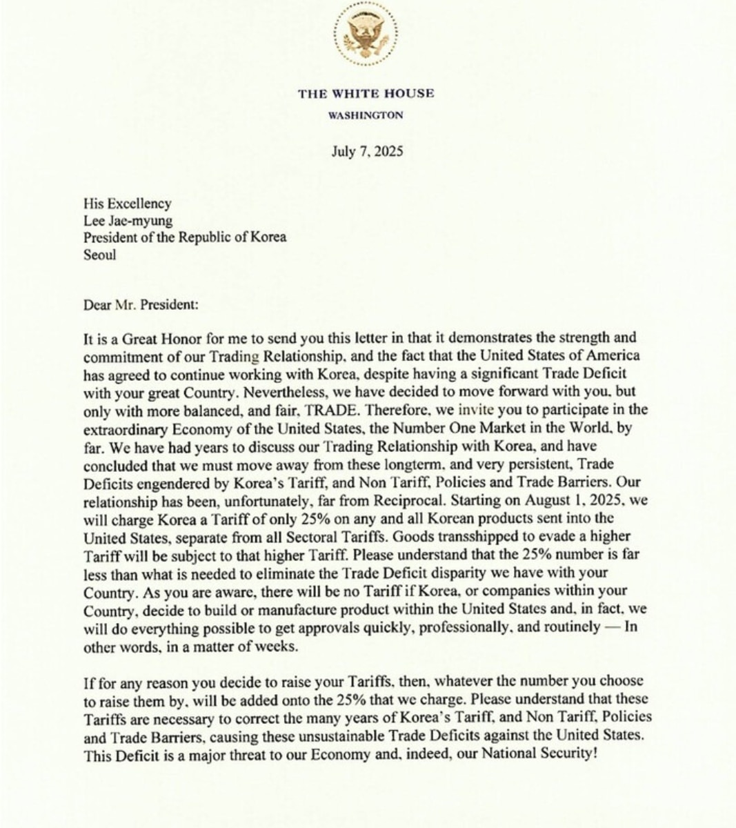 Tariff Letter To Korea