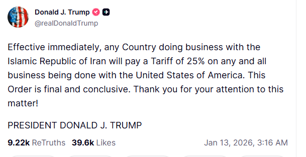 ट्रंप का ईरान के व्यापारिक साझेदारों पर निशाना (Screengrab) Trump Tariff Warning