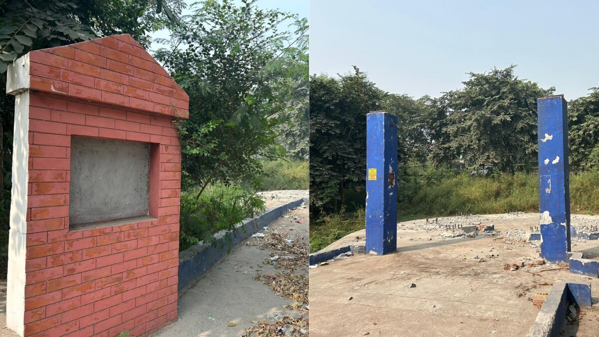 एंटी स्मॉग टावर और उसका शिलापट गायब 