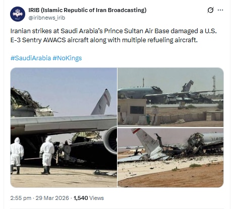 US Air Force E-3 Sentry Awacs Damaged in Iranian Missile and Drone Attack