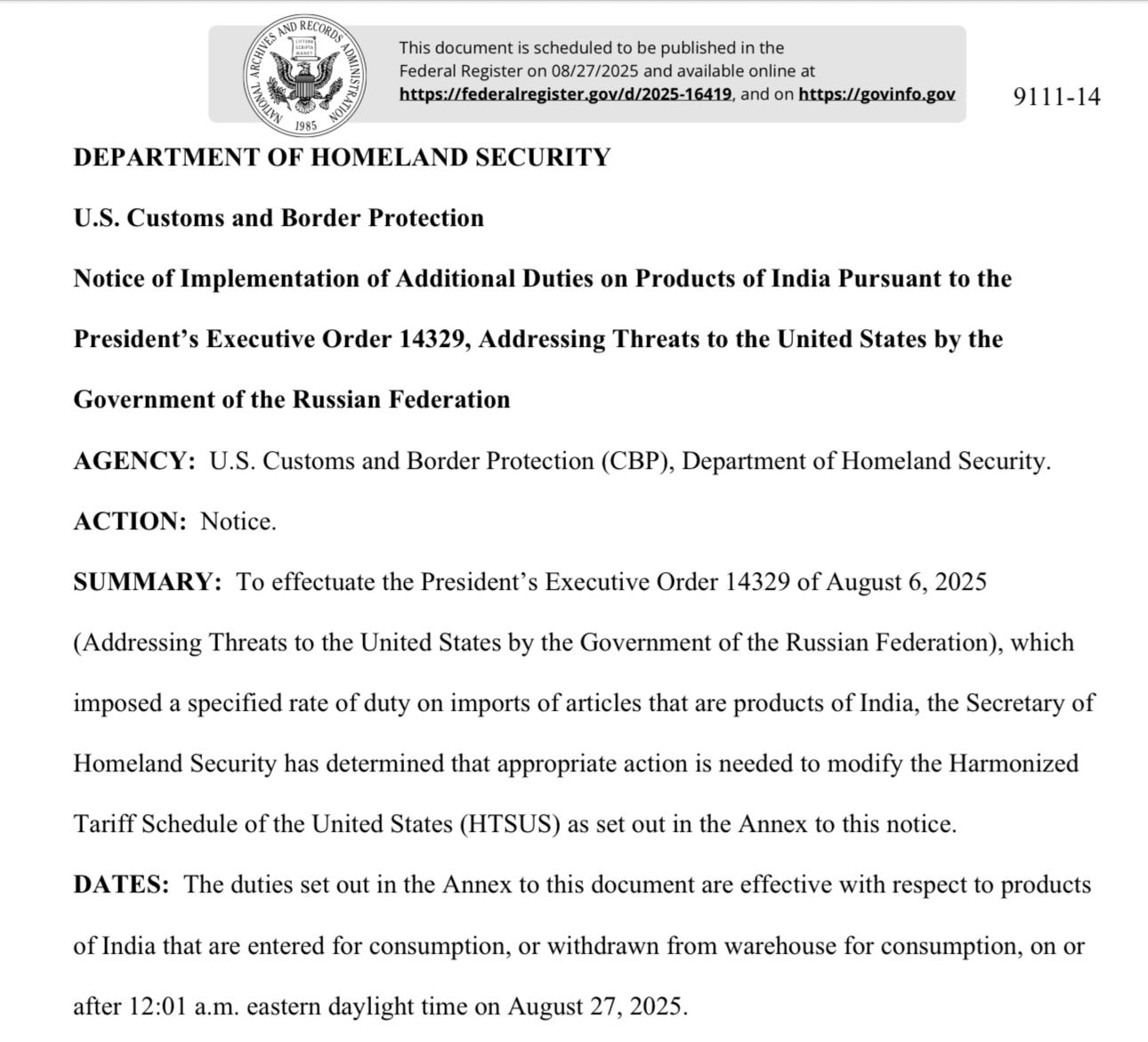 US Tariff Order