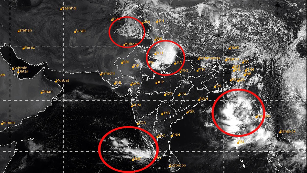 INSAT-3D की इस तस्वीर में दिल्ली एनसीआर में हुई बारिश की वजह लाल घेरों में दिखाई गई है. (फोटोः IMD) INSAT-3D की इस तस्वीर में दिल्ली एनसीआर में हुई बारिश की वजह लाल घेरों में दिखाई गई है. (फोटोः IMD)