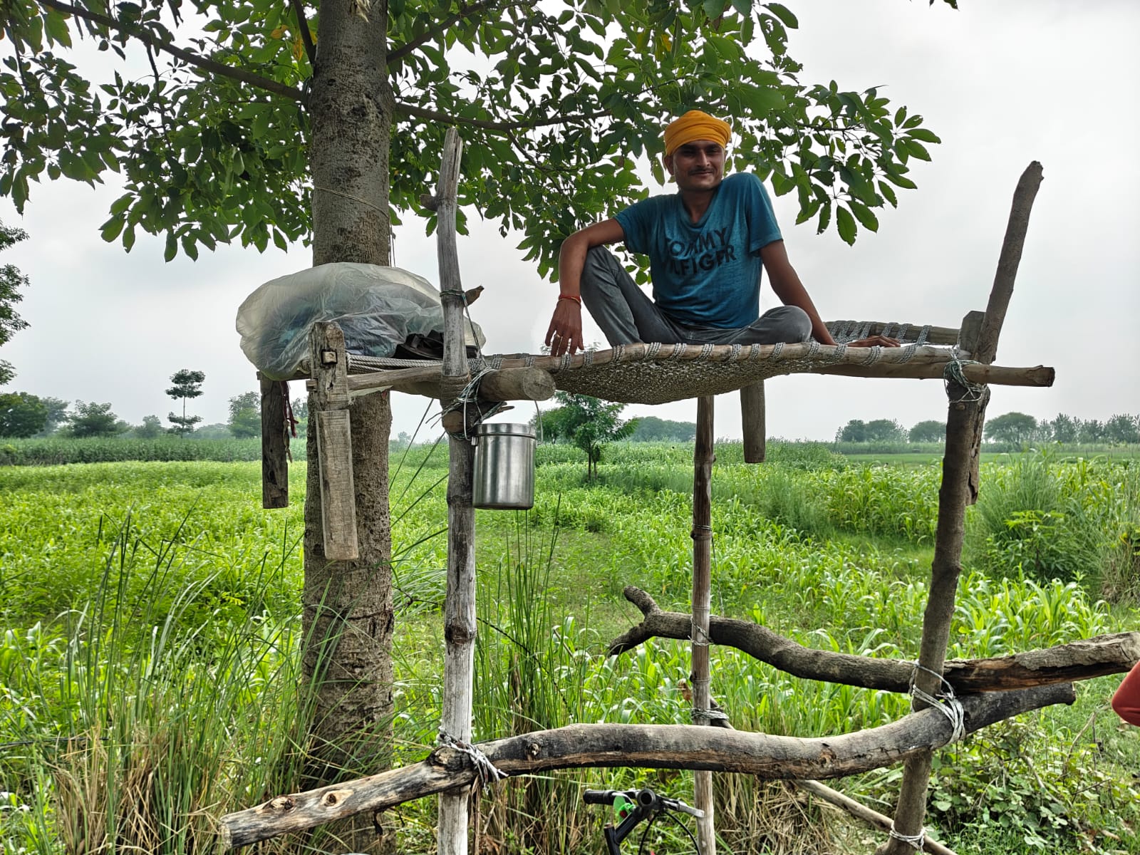 मचान पर बैठकर कर भेड़िए पर नजर रख रहे लोग
