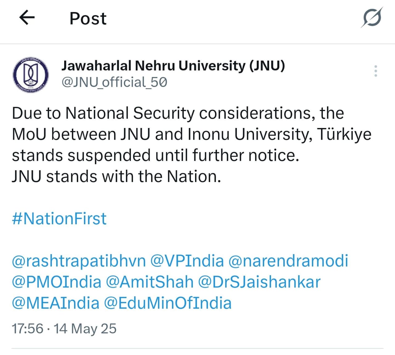 JNU cancelled mou with  Inonu Turkey Univers