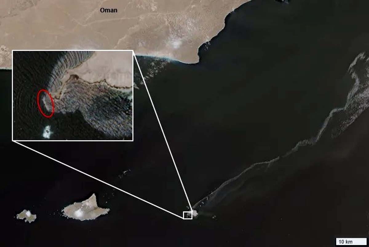 Satellite image of oil tanker spill off at the sea coast of Oman Satellite image of oil tanker spill off at the sea coast of Oman