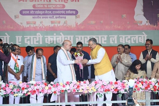 अमित शाह ने राजनांदगांव में पूर्व सीएम डॉक्टर रमन सिंह के नामांकन के बाद की जनसभा