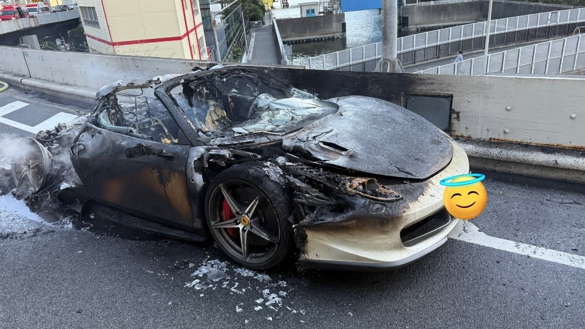 Ferrari 458 Spider Sport Car Burned on road.