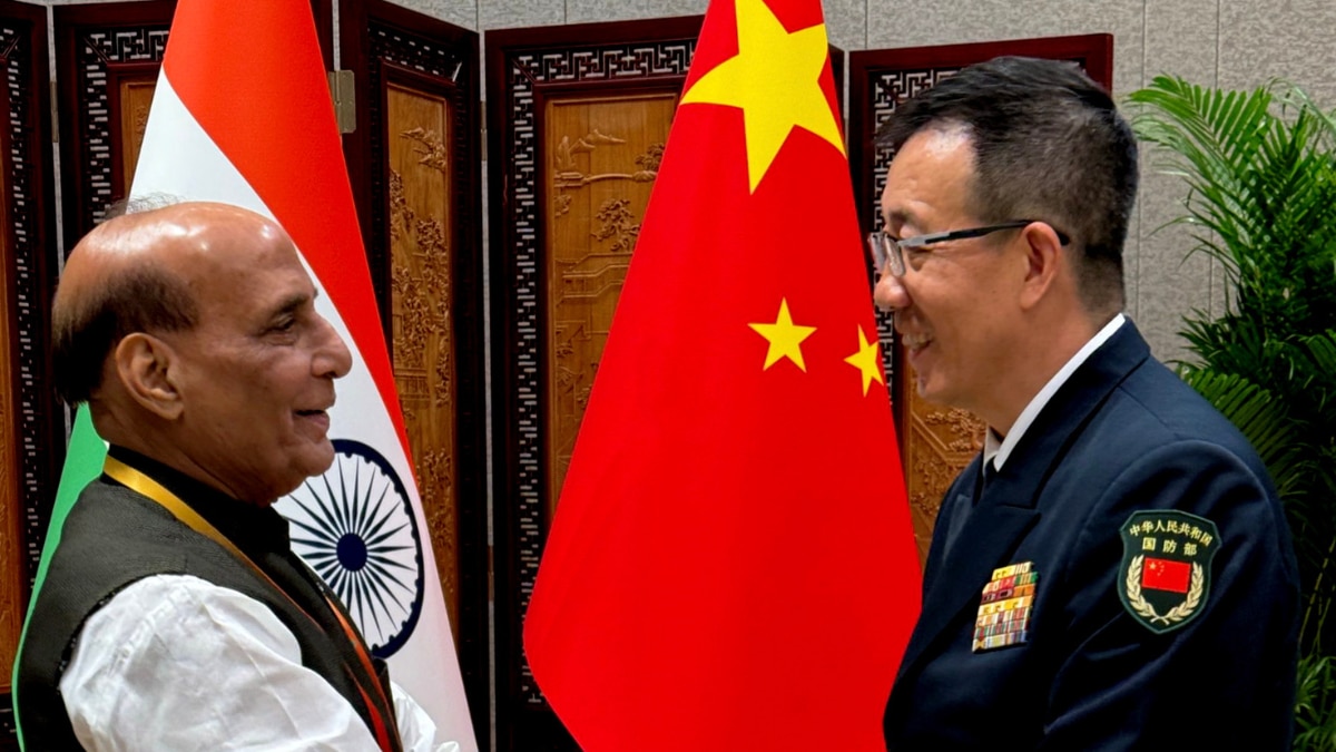 Defence Minister Rajnath Singh during a meeting with Chinese Defence Minister Admiral Dong Jun
