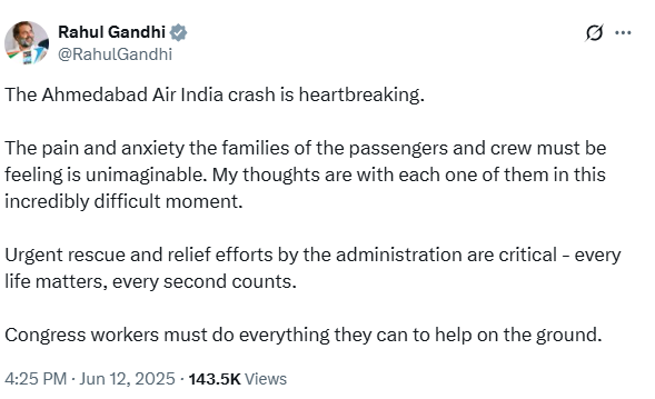 આ હૃદયદ્રાવક ઘટના...', અમદાવાદ પ્લેન ક્રેશ દૂર્ઘટના પર પીએમ મોદી-રાહુલ ગાંધીએ વ્યક્ત કર્યુ દુઃખ