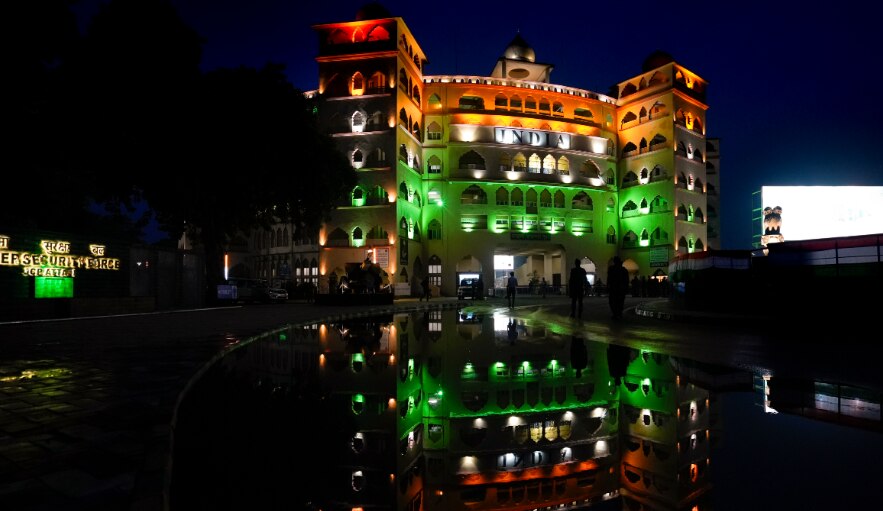 Swarna Jayanti Dwar, the gate at the Attari-Wagah Border, illuminated in Amritsar, Punjab (PTI Photo/Shiva Sharma)