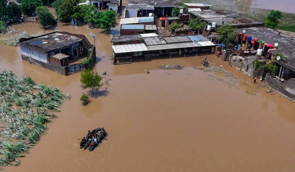 Submerged houses at a flood-ravaged area, in Gurdaspur, Punjab. (Army via PTI Photo)