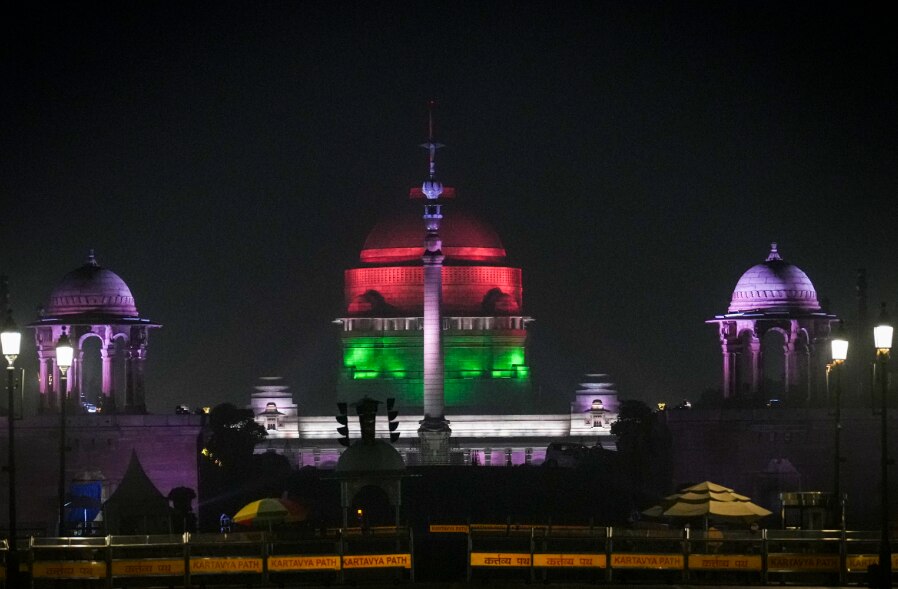 Rashtrapati Bhavan illuminated in the Indian tricolour (PTI Photo/Karma Bhutia)